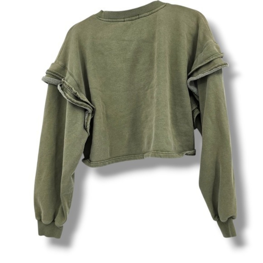 7 For All Mankind Olive Green‎ Ruffle Long Sleeve Cropped Sweatshirt Large - Picture 2 of 10